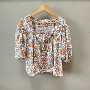 Rachel Zoe Floral Smocked Blouse L Orange & Gray 55% Linen 45% Rayon Long Sleeve